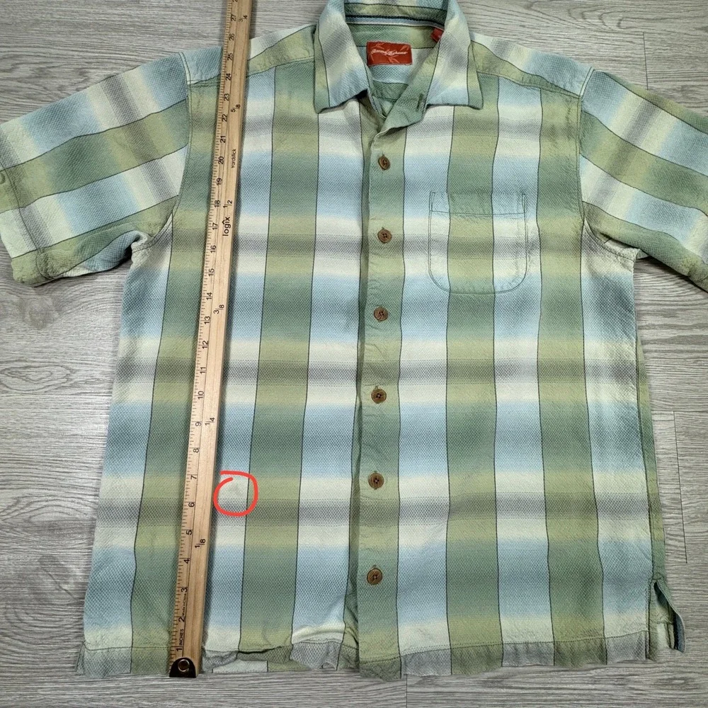 Tommy Bahama Mens Button Front Shirt Plaid Silk Green Blue Medium Short Sleeve